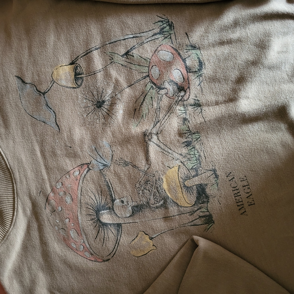 American Eagle Tan Mushroom Skull Knit Sweater